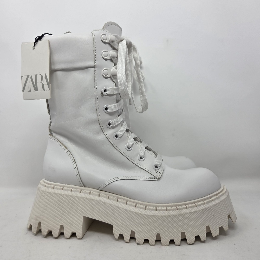 NEW ZARA Women's White Chunky Lace Up Zip Leather Lug Sole Boots Size 6 1/2 NWOB